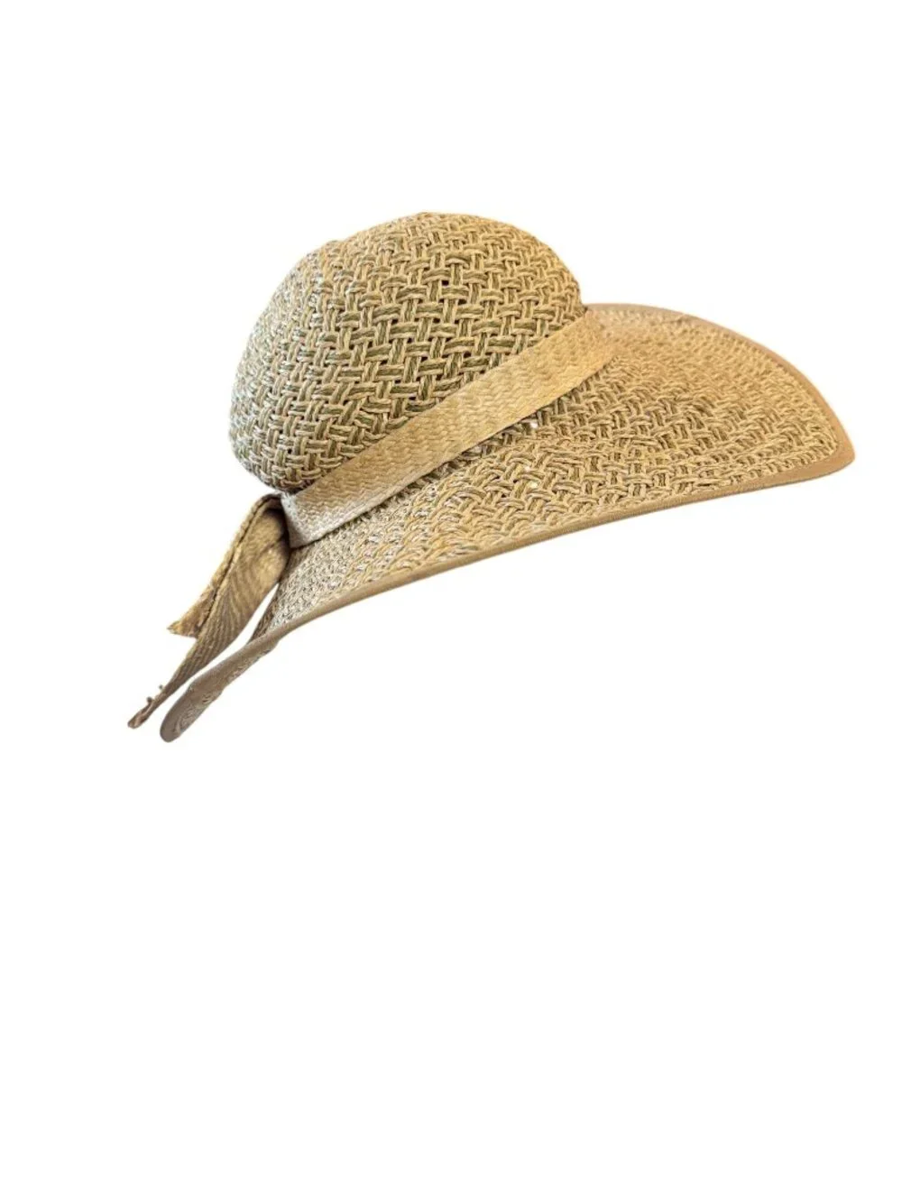 Vintage Women Wide Brim Paper Straw Sun Hat Bow Beige Summer Beach 57cm - Picture 3 of 10